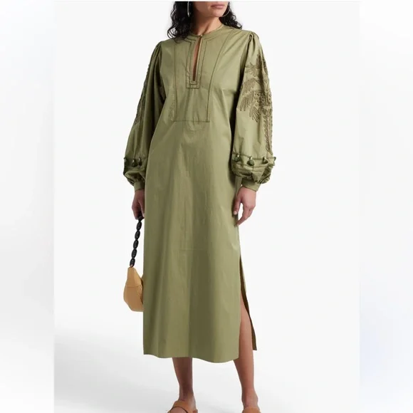 Johanna Ortiz Dancing In Rio Embroidered Cotton Midi Long Dress Green Size 8 - Picture 2 of 10